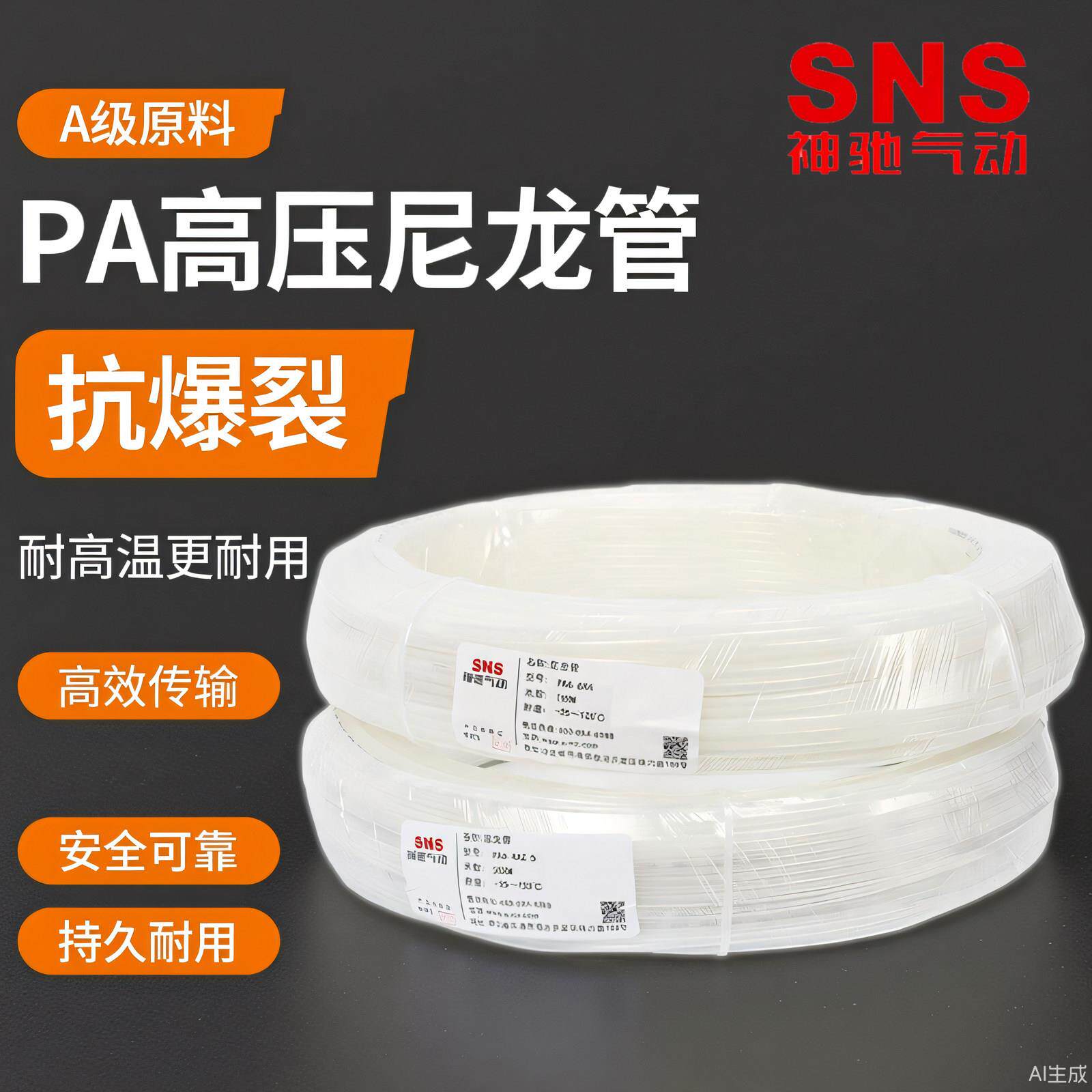 SNS神驰高压50KG尼龙管PA6-4*2.5 6*4 8*6 10*7.5 12*9气管耐高温
