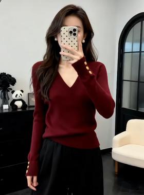 大码胖mm温柔风V领长袖针织衫女春秋新款修身显瘦打底衫红色0110w