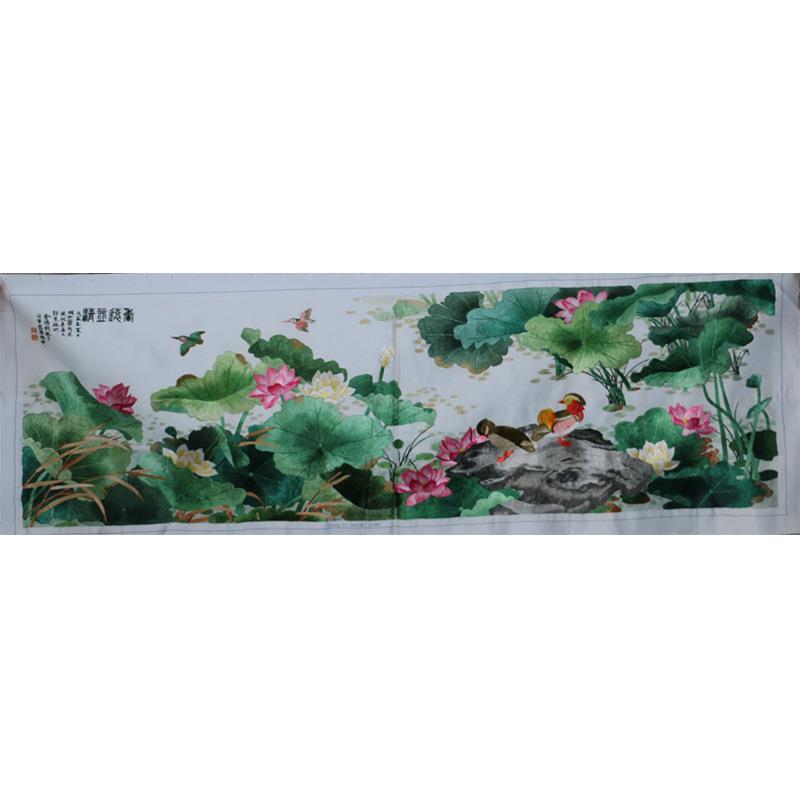 厂家供应苏绣客厅餐厅办公室装饰画手工刺绣池塘莲花风景画绣片
