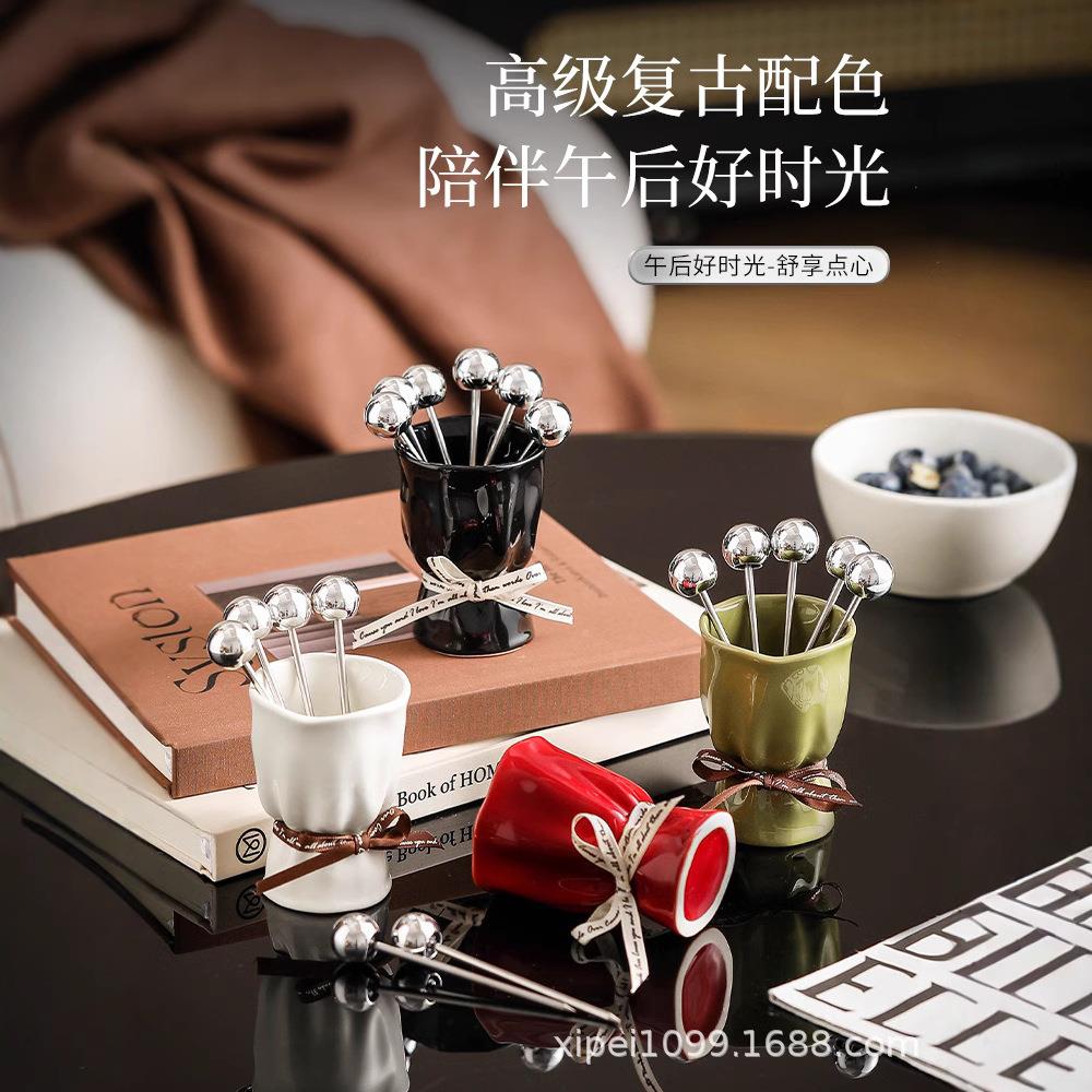 创意陶瓷花束水果叉收纳水果甜品轻奢收纳罐叉子蛋糕轻奢复古