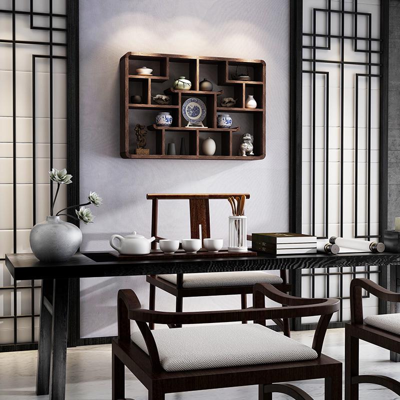3YV5博古架挂墙多宝阁实木中式茶架壁挂式置物架墙上壁挂茶具茶杯