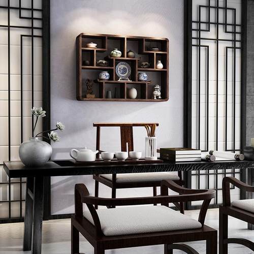 博古架挂墙多宝阁实木中式茶架壁挂式置物架墙上壁挂茶具茶杯茶壶