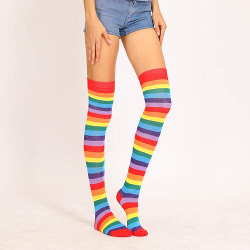 Red Colorful Socks Rainbow Striped Long Over-the-Knee Socks