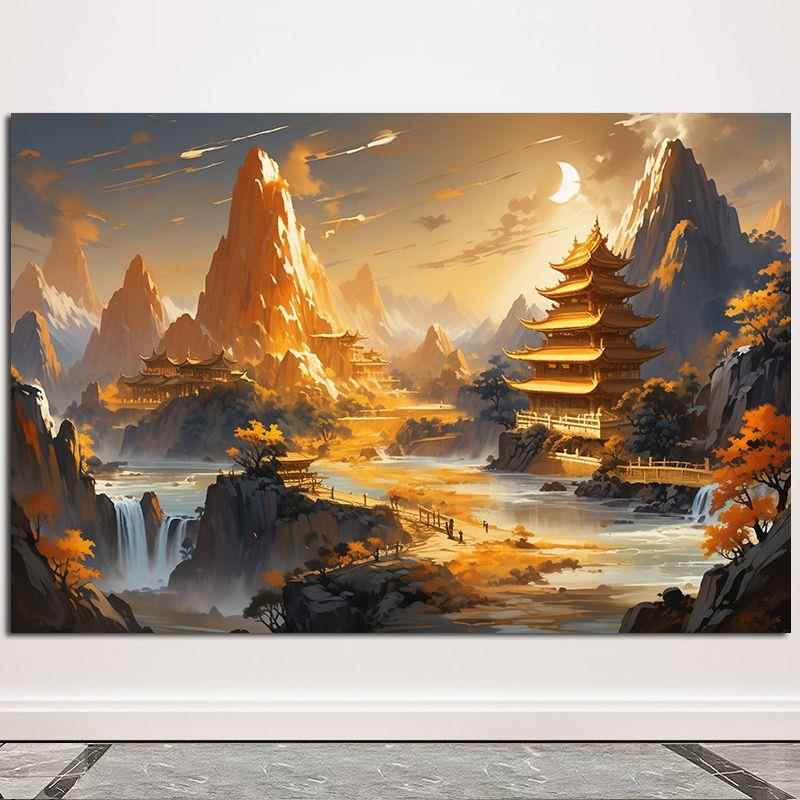 黄金山中国风黄金树流水生财壮丽山河风景画客厅电视背景墙自粘画