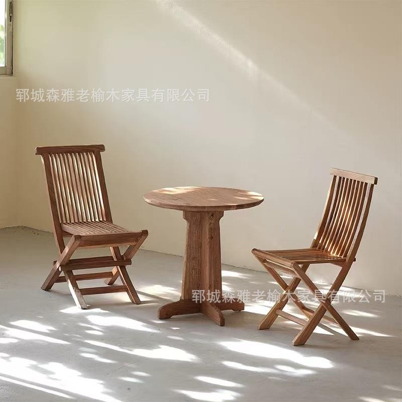 诧寂风复古老榆木餐桌阳台茶桌折叠椅子酒店民宿小圆桌咖啡边桌