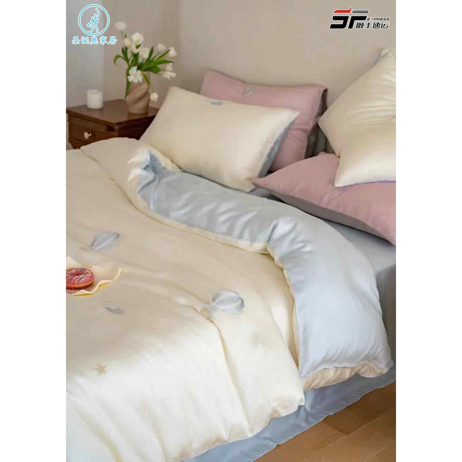 ins卡通100支刺绣天丝四件套夏季冰丝裸睡被套儿童1.2m床笠三件套