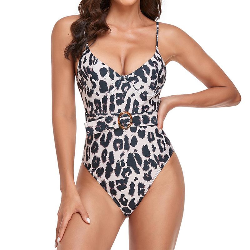 Leopard print one-piece swimsuit with suspenders low-cut