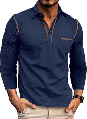Men's long sleeved men's collar T-shirt color blocked top