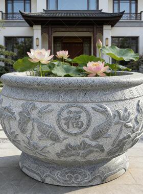 花岗岩石雕鱼缸花盆青石荷花缸户外百福缸庭院别墅花园圆水缸摆件
