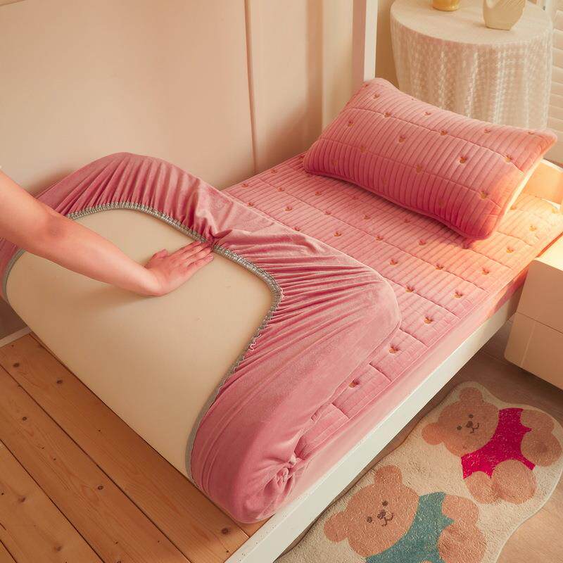 刺绣宝宝绒学生床笠宿舍单人90x190床垫保护套加绒夹棉床罩三件套