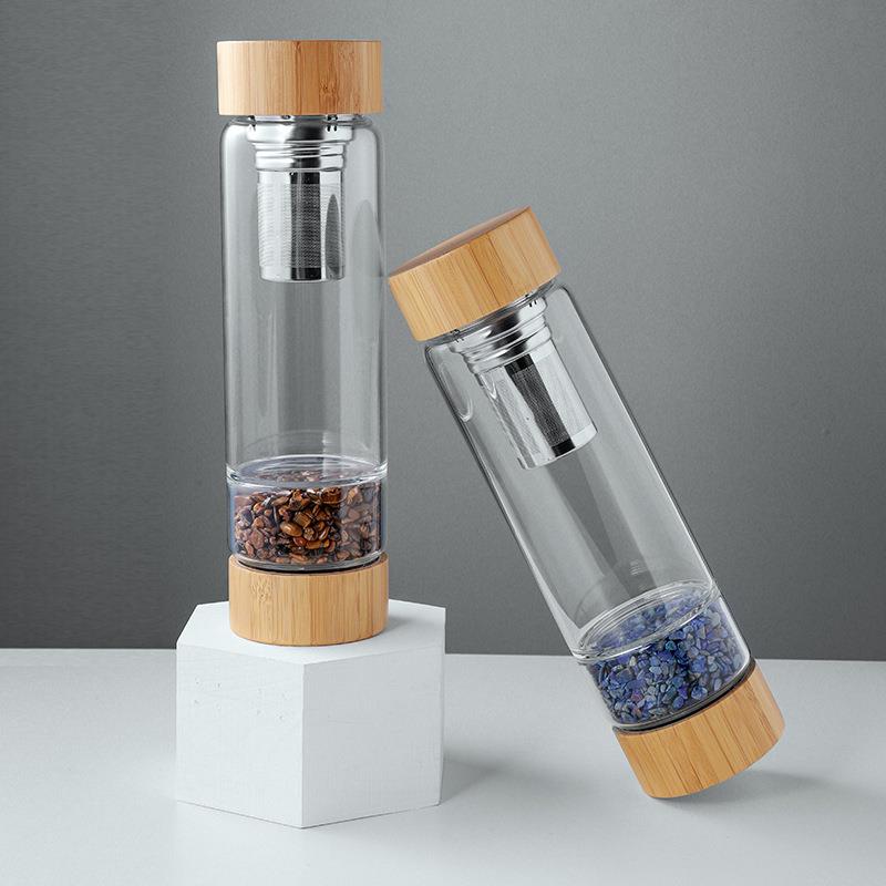 新款直销天然水晶碎石玻璃能量杯水疗竹盖滤网杯玻璃茶漏水瓶宝石