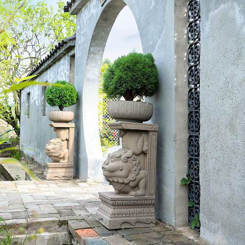 知饰彷石狮子摆件石雕门墩抱鼓石一对户外庭院造景布置花园装饰