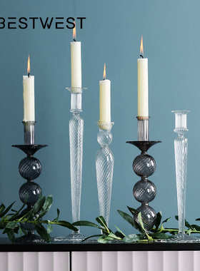 博西家居 创意欧式透明转棱玻璃烛台 ins风家居装饰品工艺品摆件