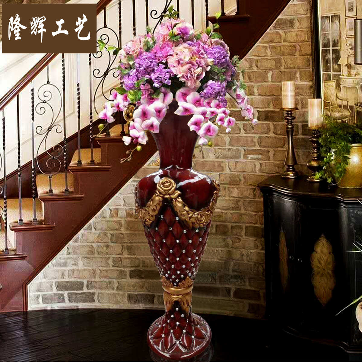 批发新款大号客厅欧式落地树脂玻璃钢陶瓷绢花花插红色镶钻大花瓶