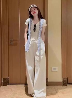 假两件海军领白色短袖t恤阔腿裤两件套女夏季修身短款v领上衣套装
