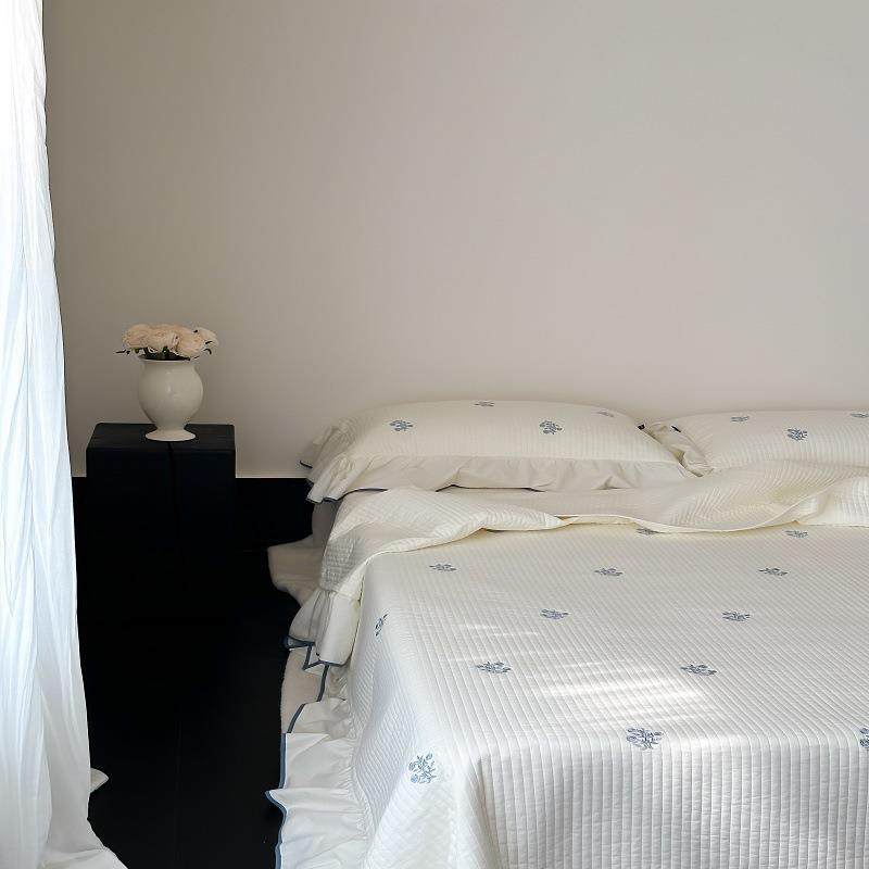 韩式田园花卉刺绣床盖三件套双面全棉绗缝夹棉荷叶花边炕盖四季用