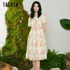 talasa商场同款丝棉印花连衣裙，2024年夏收腰蕾丝减龄及膝长裙