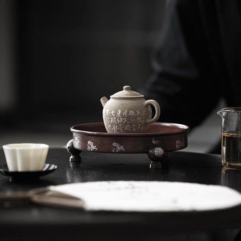 立木堂 仿宋紫金做旧三足铜壶承 中式文人干泡台茶壶底托茶道配件