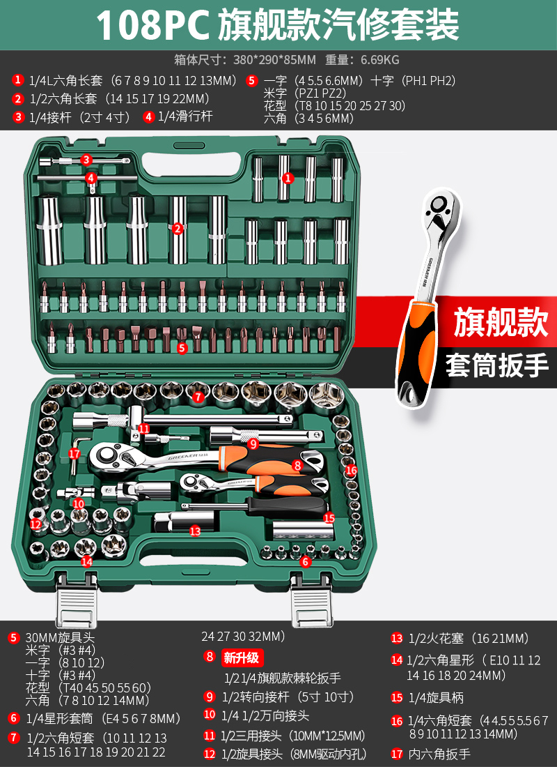 高档绿林汽修工具套装棘轮快速套筒扳手套管汽车万能修车摩托维修