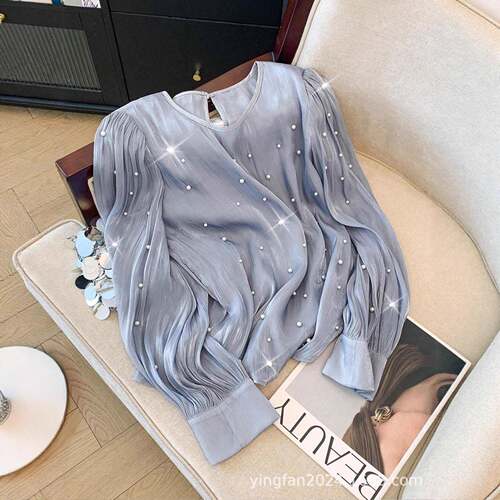 Women's Pearl Embellished Chiffon Blouse Shirts - Long Puff