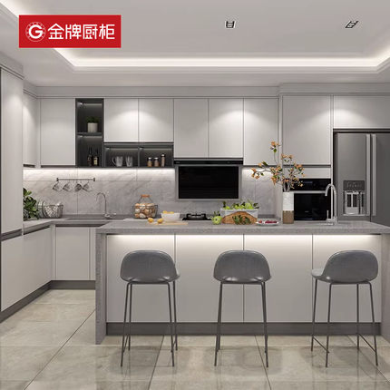 精品金牌厨柜整体厨房橱柜石英石台面灶台装修定制柜开放式一体柜
