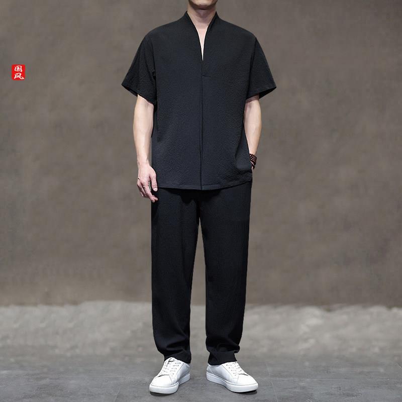 高端品牌2026新款可外穿家居服男款夏季夏天棉麻短袖长裤睡衣套装