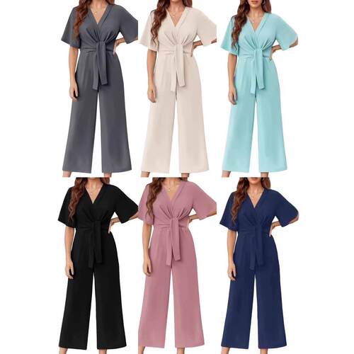 Jumpsuit Womens Elegant Casual V-Neck Summer Short Sleeve