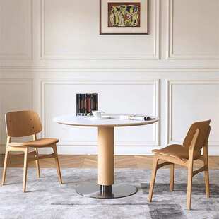 维亚中古风洞石岩板圆形桌家用小户型饭桌设计师实木餐桌椅子组合