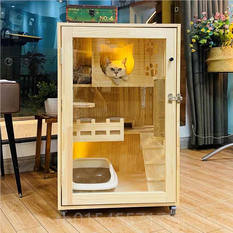 正品实木猫别笼墅猫笼子门实用猫单窝床带猫爬架透明门宠繁育笼猫图片