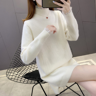 蕾丝边领中长款毛衣女加厚2024冬季新款韩版宽松遮屁股打底毛衣裙