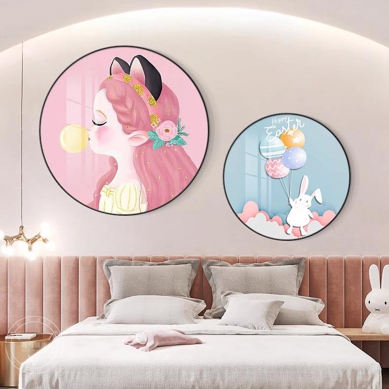 北欧儿童房卧室床头装饰画圆形挂画粉色女孩房间布置墙面创意壁画图片