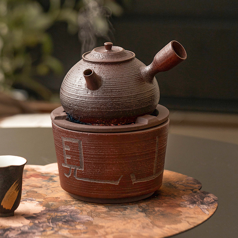 极素粗陶红泥煮茶温茶炉侧把壶见山晚炭炉茶壶复古煮茶炉暖茶器
