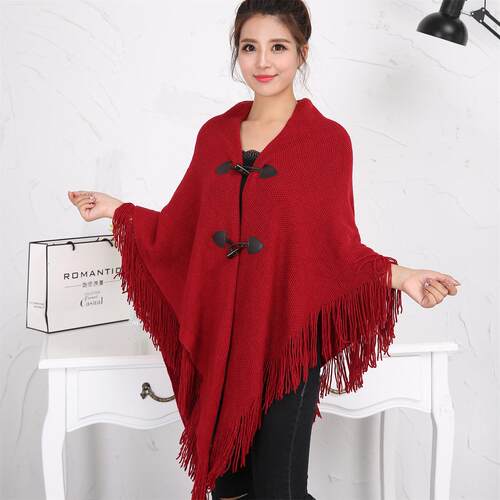 Shawl cape with tassel and horn buckle, double layered