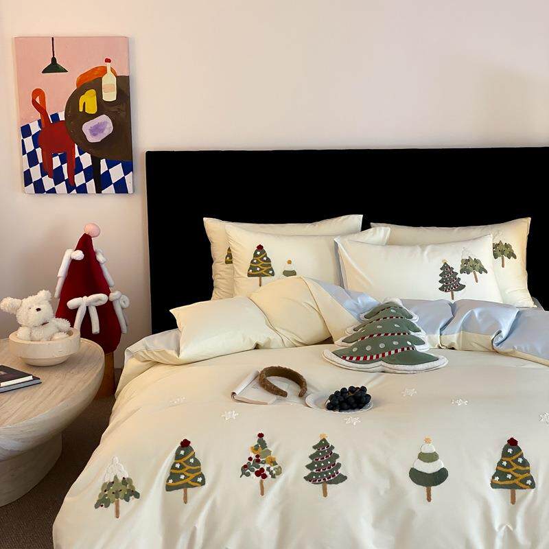 100S澳棉毛巾绣少女心床上用品四件套四季可用亲肤纯棉被套床单