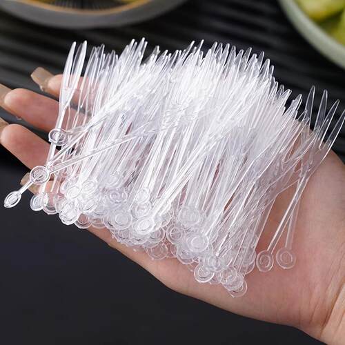 Disposable clear plastic small fruit forks, fruit skewers, d