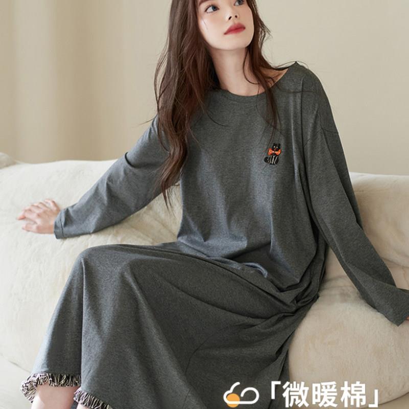 高档品牌带胸垫睡裙女款睡衣春秋款秋季纯棉长袖圆领家居连衣裙子