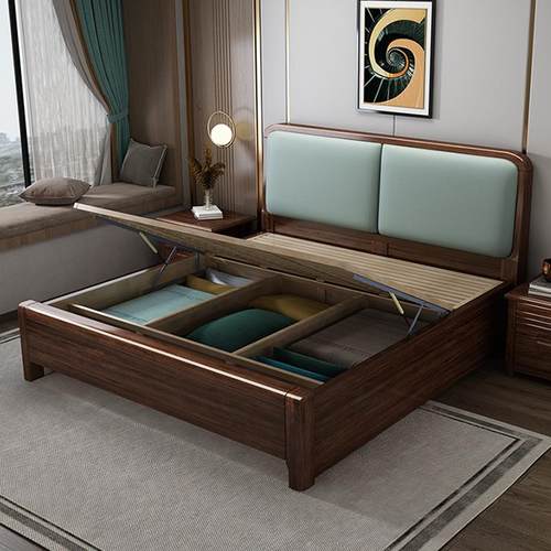 326中式简实木床型包靠背胡桃木家用卧室软小户1米5现代约气压储