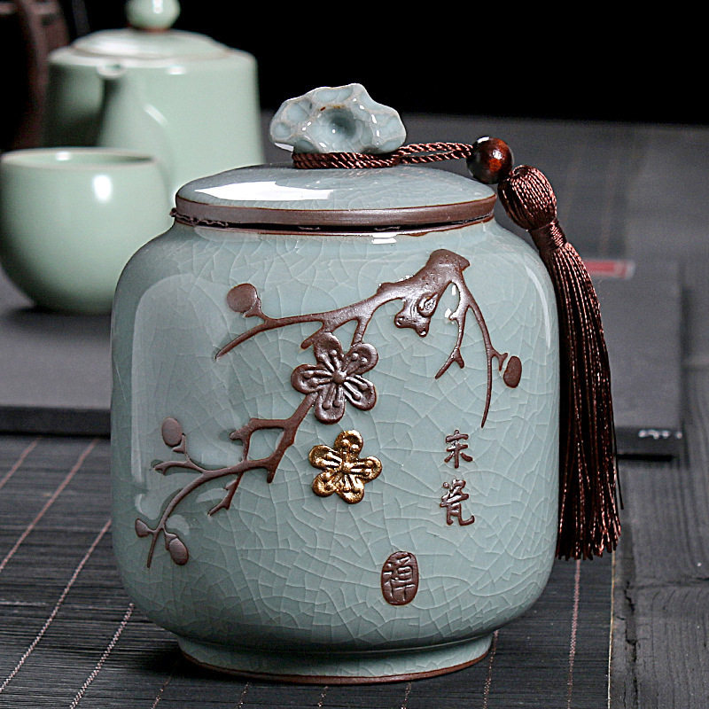 哥窑茶叶罐浮雕梅花陶瓷密封罐中号茶叶包装盒半斤装礼品LOGO