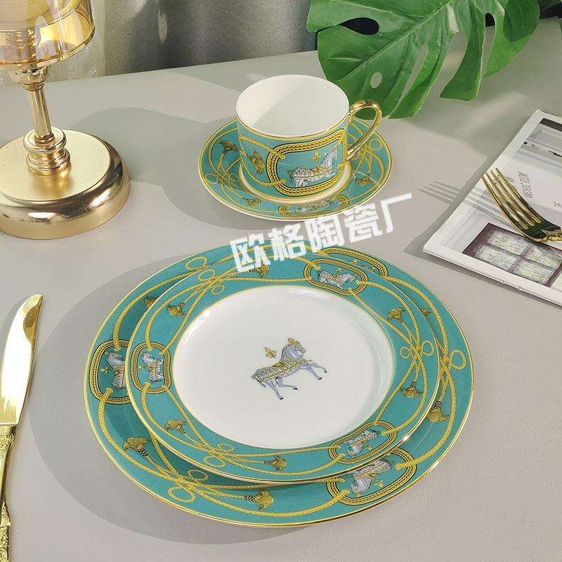 跨境复古轻奢骨瓷西餐盘皇家战马系列酒店西餐西餐牛排盘平盘杯碟