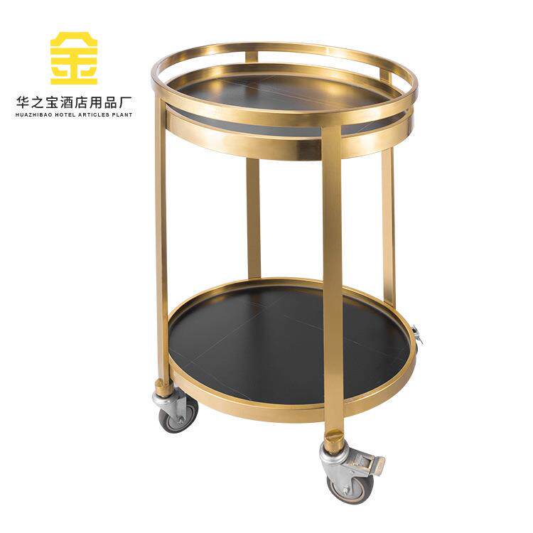 移动酒水车茶水车 不锈钢手推车蛋糕车点心车 二层圆形服务车岩板