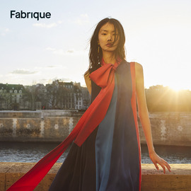 Fabrique 撞色拼接可拆卸飘带重磅真丝连衣裙2023夏季设计感