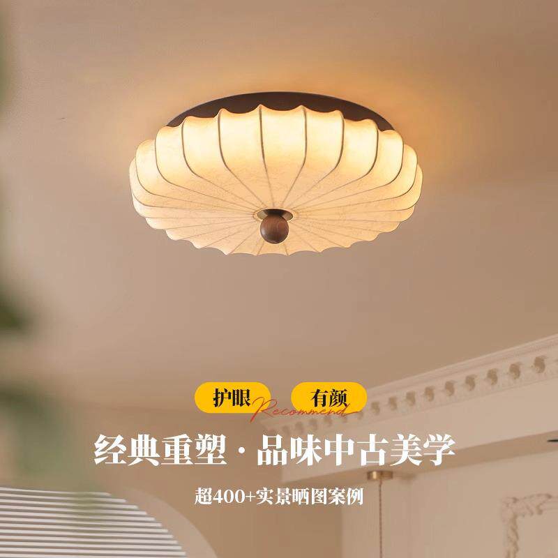 实木卧室灯吸顶灯古yh-蚕丝法卧复古客厅灯日式圆形式布艺中书房