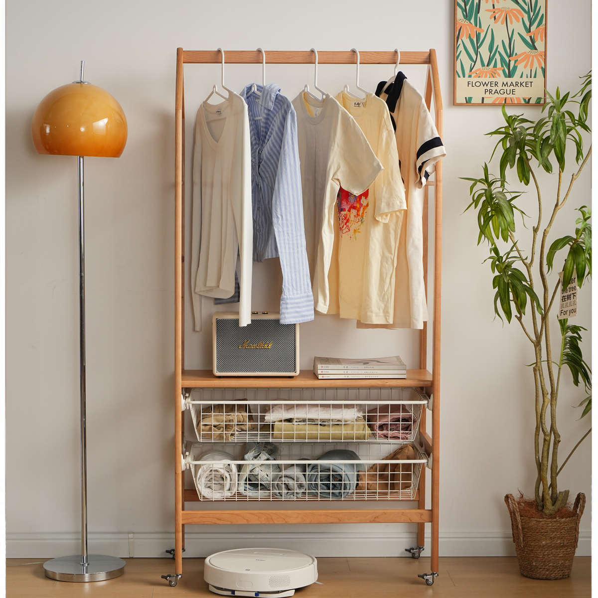 实木拉篮衣帽架落地卧室樱桃木奶油风床边衣服架子收纳家用挂衣架