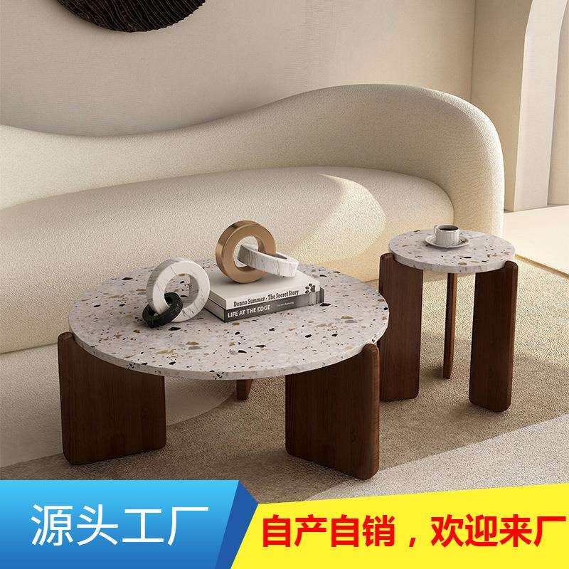 茶几现代简约客厅家用网红圆形日式简易诧寂风岩板轻奢水磨石茶桌