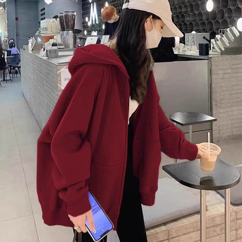 酒红色连帽运动衫外套女2025夏季新款慵懒风大尺码宽松休闲棒球服