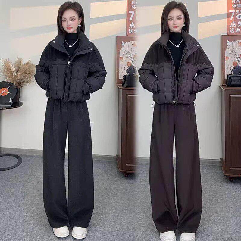 香港代购时尚套装冬季新款洋气毛呢拼接棉衣外套显瘦阔腿裤两件套