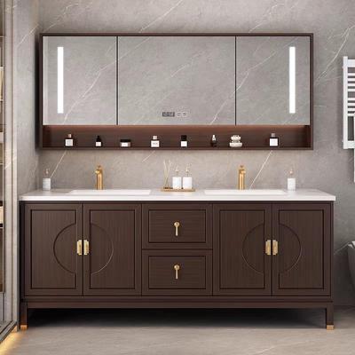 新中式橡木双盆浴室柜组合陶瓷一体盆洗手脸盆实木洗漱台盆卫生间