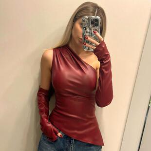 Diagonal collar PU leather vest top无袖时尚斜领PU皮背心上衣