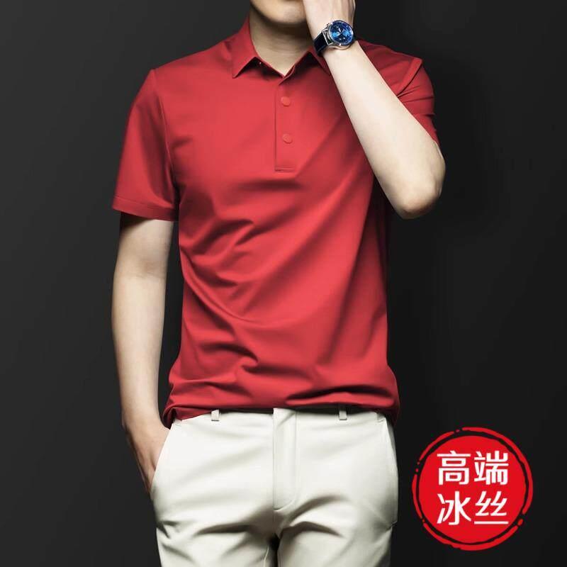 冰丝短袖T恤男士中年夏季加大码纯色免烫抗皱高档品牌真丝polo衫