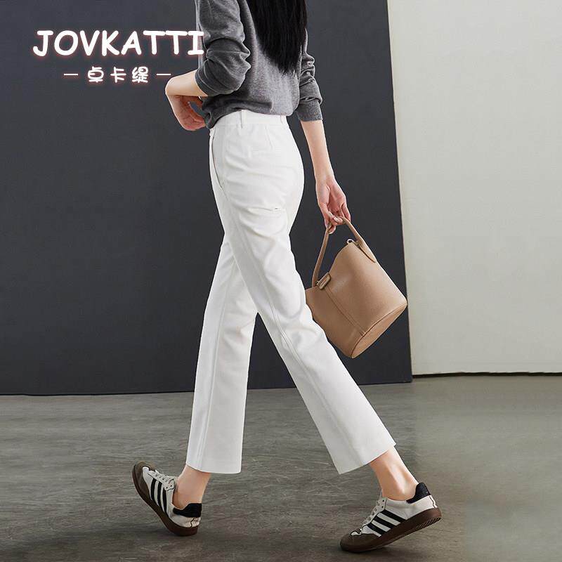 JOVKATTI通勤时尚白色微喇裤女高腰九分春夏新款修身显瘦喇叭西裤